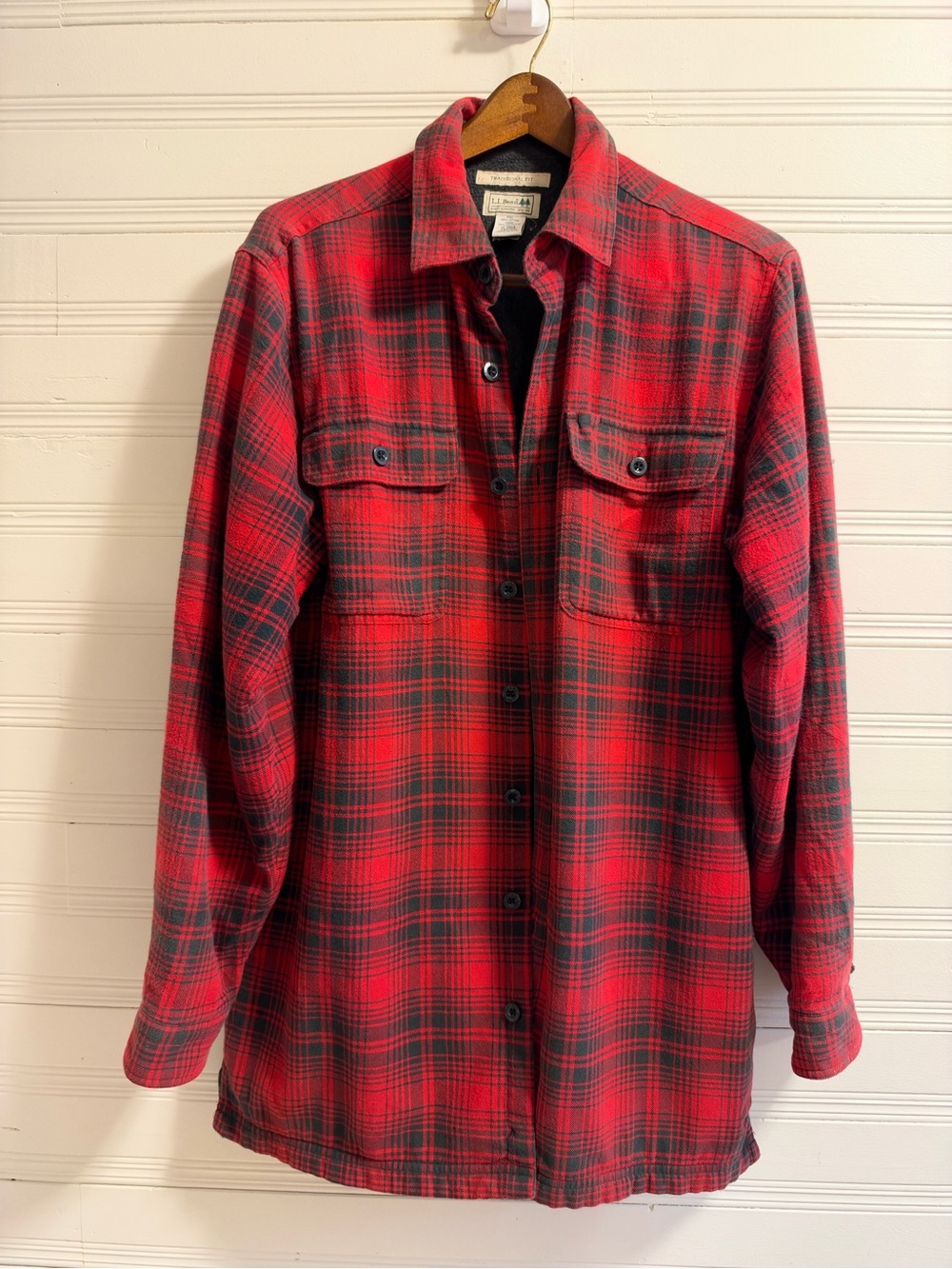 L.L.Bean Men’s M Tall Fleece Lined Red Plaid Flannel Shirt Jacket